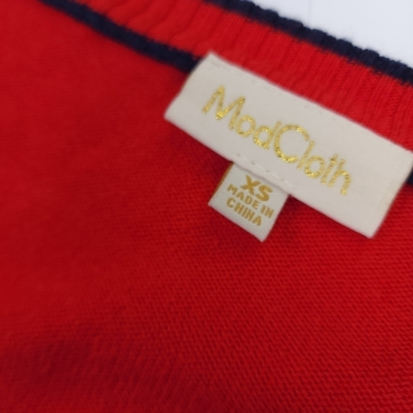 ModCloth Red Navy Trim Cardigan Sweater Sz Xs - Picture 10 of 14